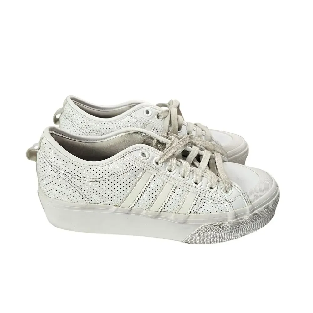 Adidas Women's Nizza Platform Triple White Perforated Sneaker Shoes, Size 10